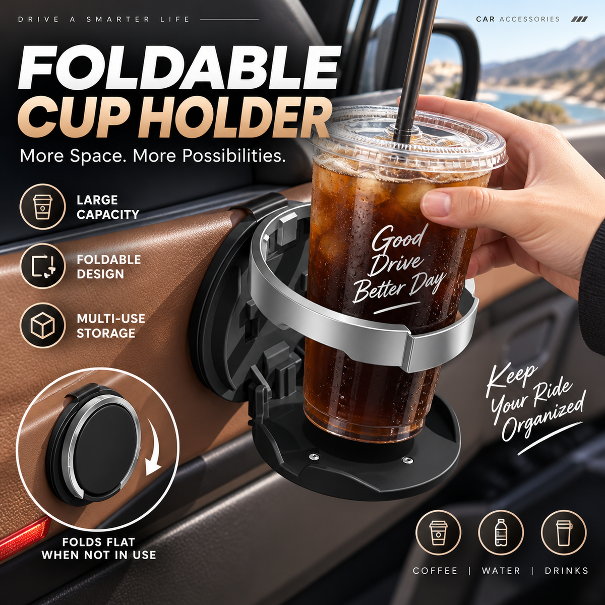 Multifunctional Foldable Car Door Cup Holder Large Diameter Drink and Water Bottle Storage Rack