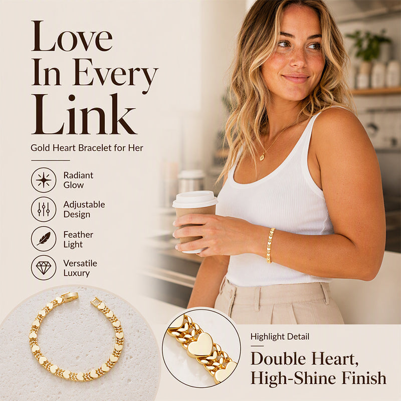 Women’s Elegant Heart Link Bracelet – Dainty Romantic Design, Adjustable Chain