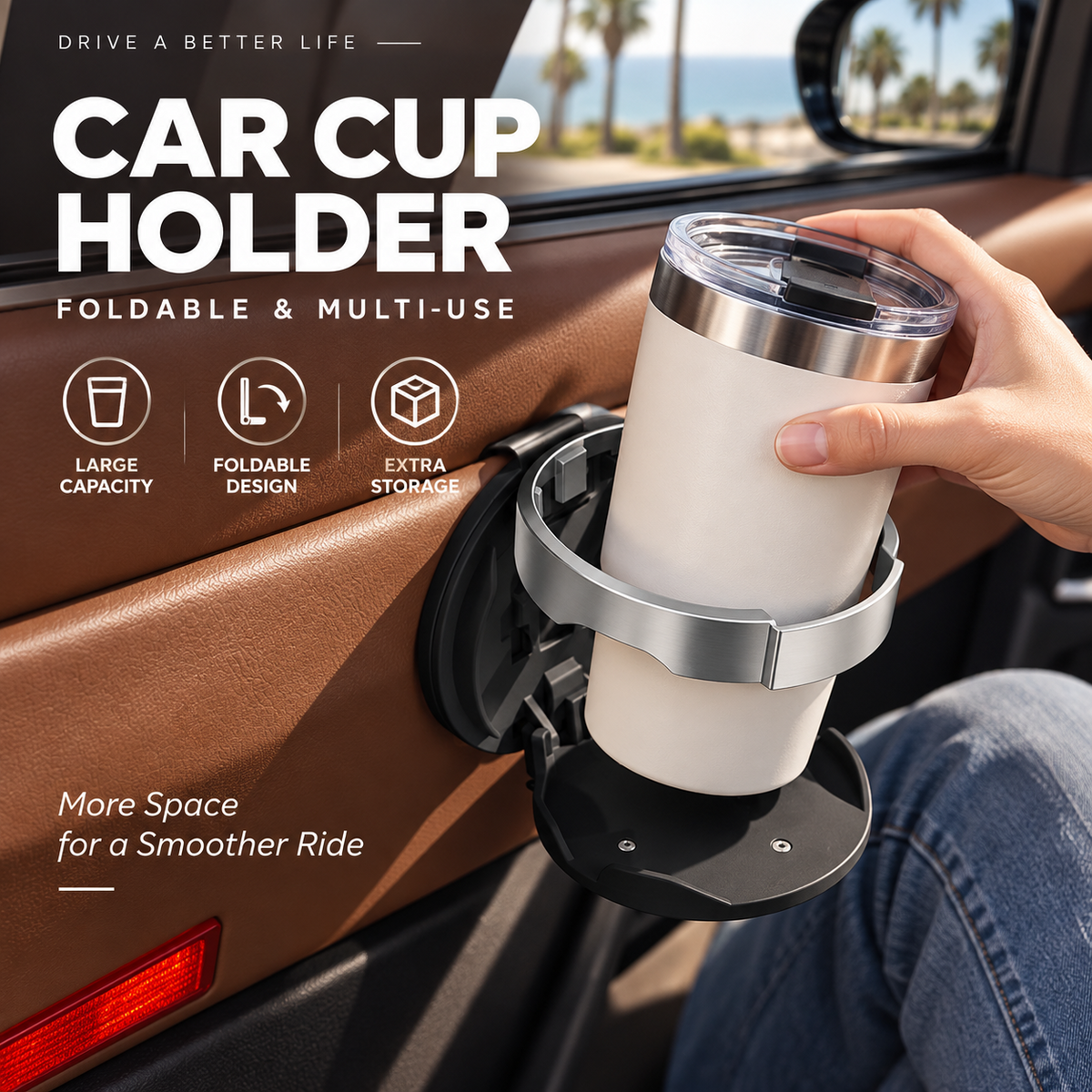 Multifunctional Foldable Car Door Cup Holder Large Diameter Drink and Water Bottle Storage Rack