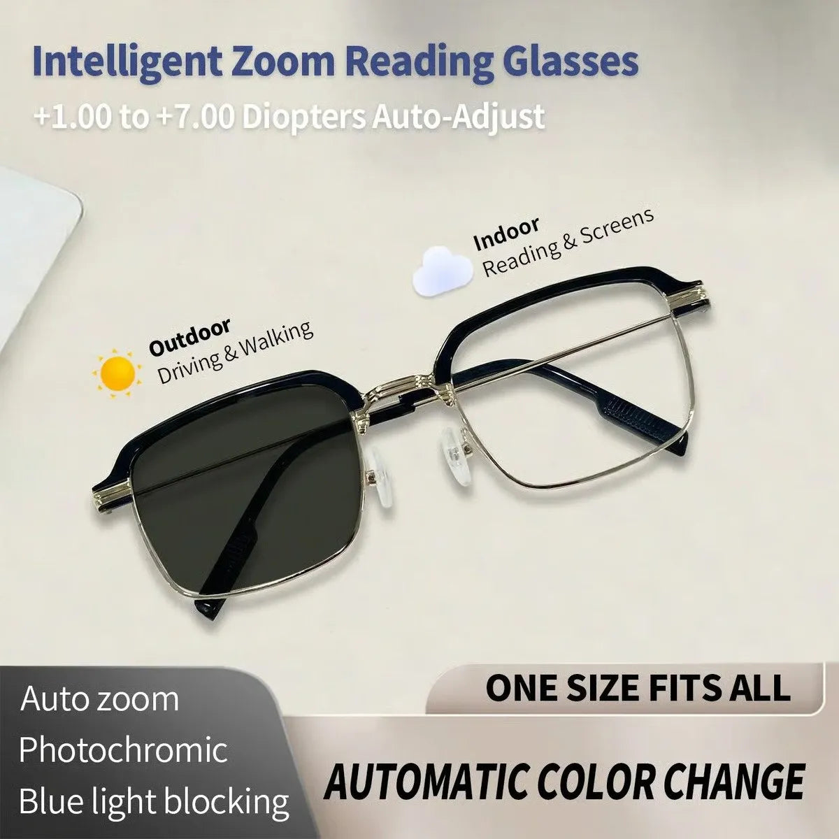 High-Definition Eye Protection Blue Light Filter Intelligent Zoom Progressive Lenses Reading Glasses