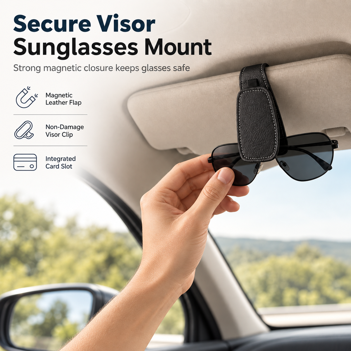 Car Sun‑Visor Magnetic Sunglasses‑Clip | 2‑in‑1 Holder For Sunglasses, Tickets & Cards