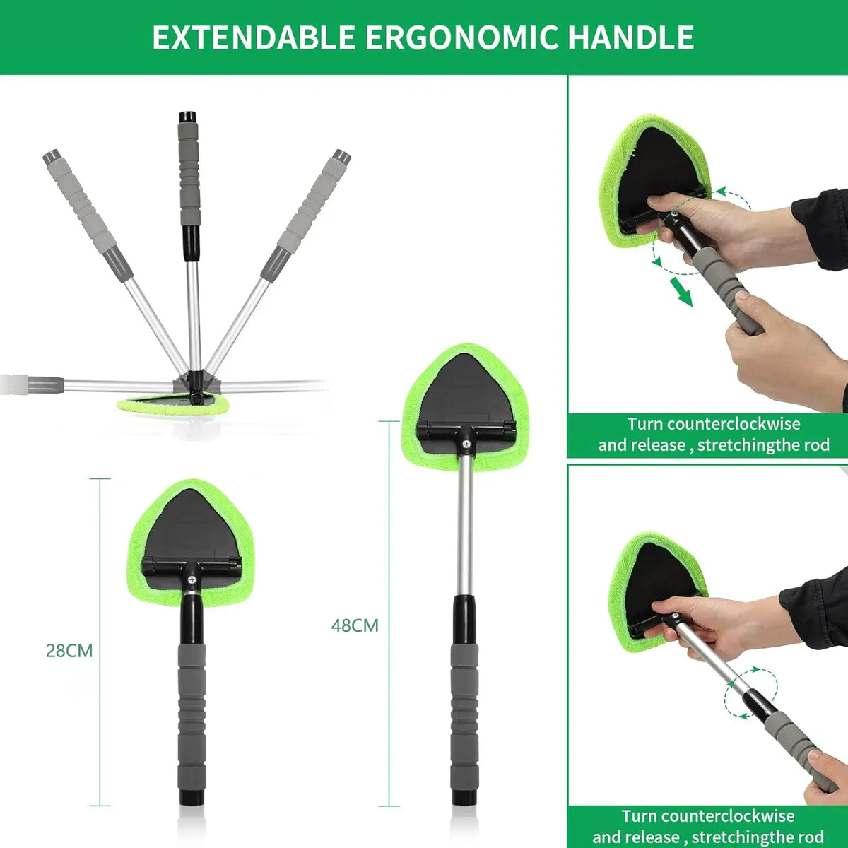 Windshield Cleaning Tool, Microfiber Car Window Cleaner with 2 Reusable and Washable Microfiber Pads and Extendable Handle