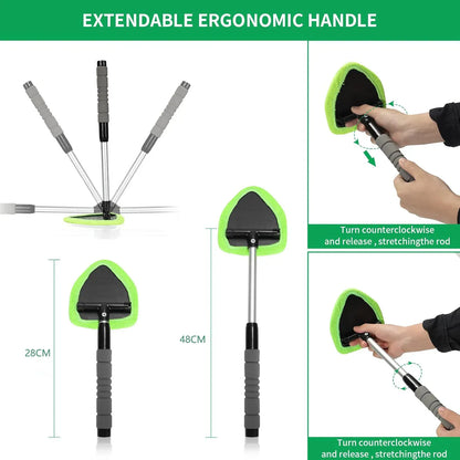 Windshield Cleaning Tool, Microfiber Car Window Cleaner with 2 Reusable and Washable Microfiber Pads and Extendable Handle