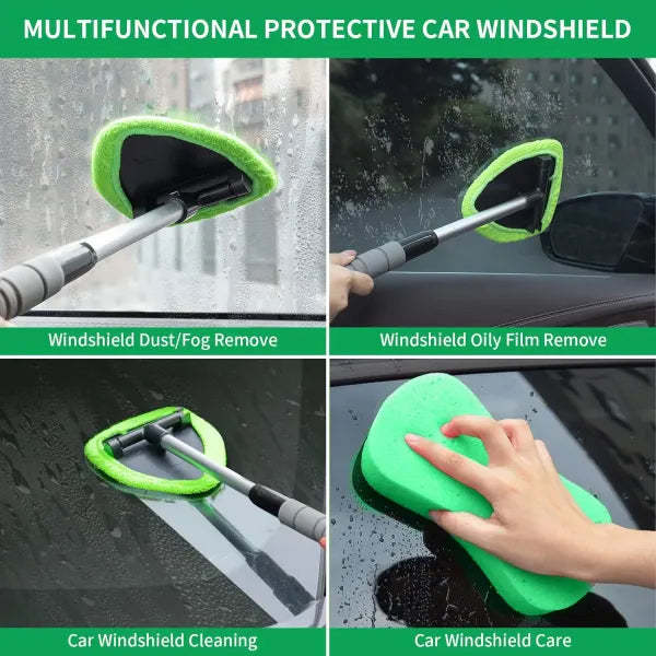 Windshield Cleaning Tool, Microfiber Car Window Cleaner with 2 Reusable and Washable Microfiber Pads and Extendable Handle