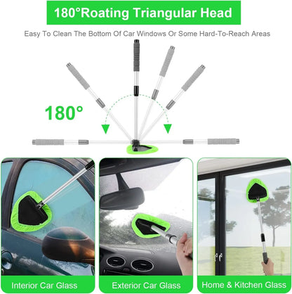 Windshield Cleaning Tool, Microfiber Car Window Cleaner with 2 Reusable and Washable Microfiber Pads and Extendable Handle
