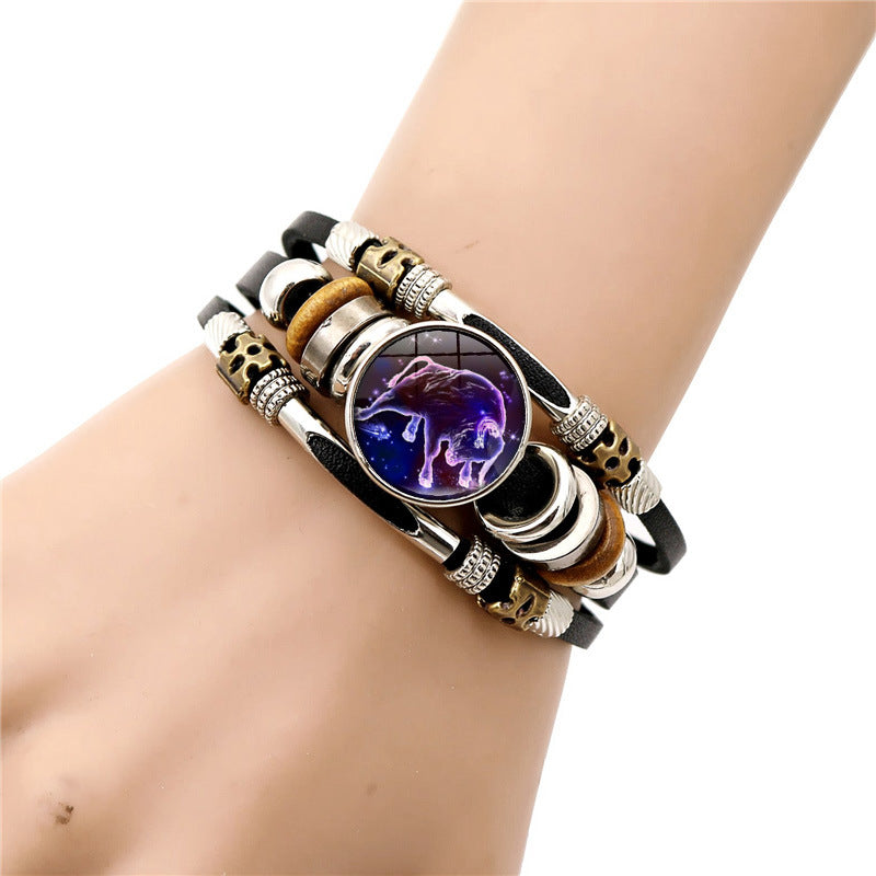 Glow‑in‑the‑dark Leather Zodiac Sign Bracelet