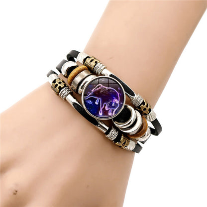 Glow‑in‑the‑dark Leather Zodiac Sign Bracelet