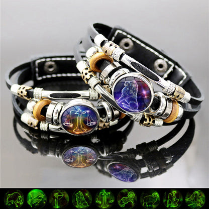 Glow‑in‑the‑dark Leather Zodiac Sign Bracelet