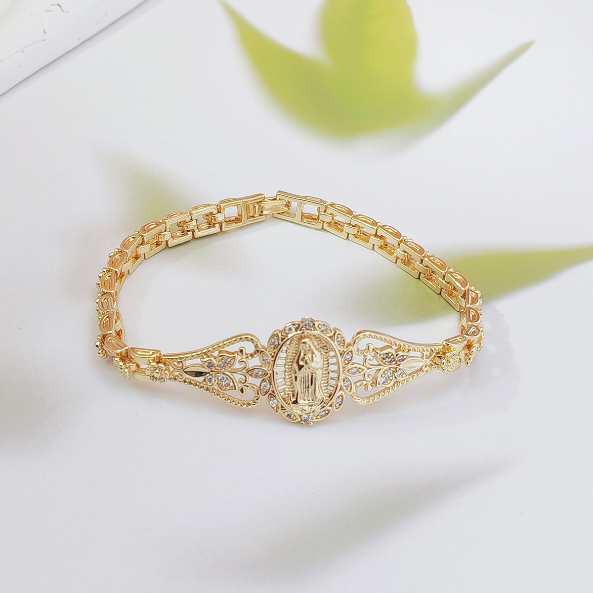 Elegant Hollow Flower Virgin Mary Bracelet – Filigree Design, Gold Plated, Faith Inspired