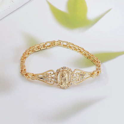 Elegant Hollow Flower Virgin Mary Bracelet – Filigree Design, Gold Plated, Faith Inspired