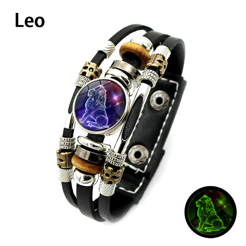 Glow‑in‑the‑dark Leather Zodiac Sign Bracelet