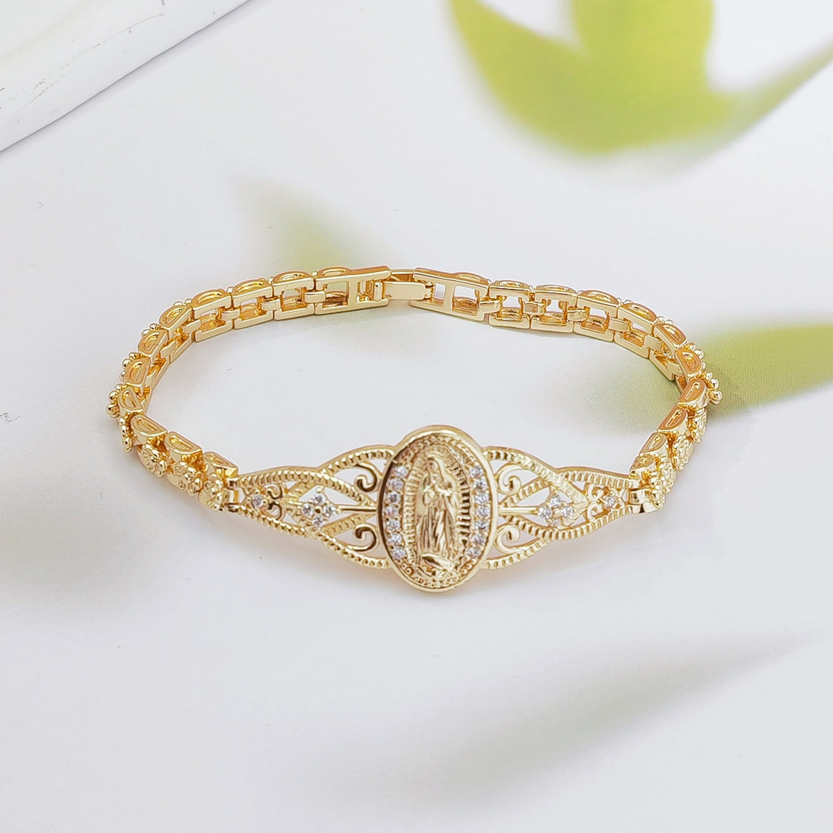 Elegant Hollow Flower Virgin Mary Bracelet – Filigree Design, Gold Plated, Faith Inspired