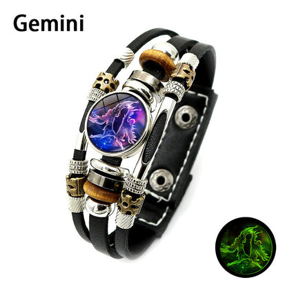 Glow‑in‑the‑dark Leather Zodiac Sign Bracelet