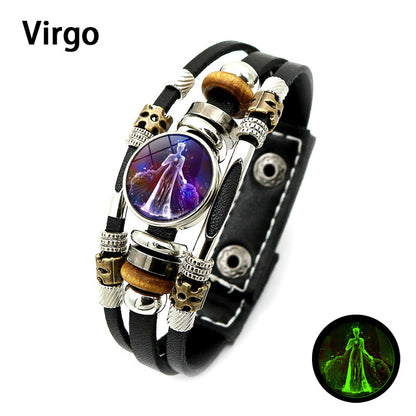 Glow‑in‑the‑dark Leather Zodiac Sign Bracelet