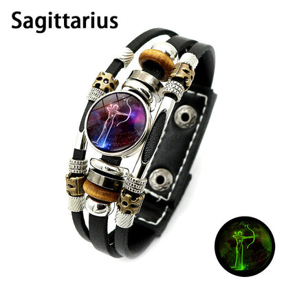 Glow‑in‑the‑dark Leather Zodiac Sign Bracelet