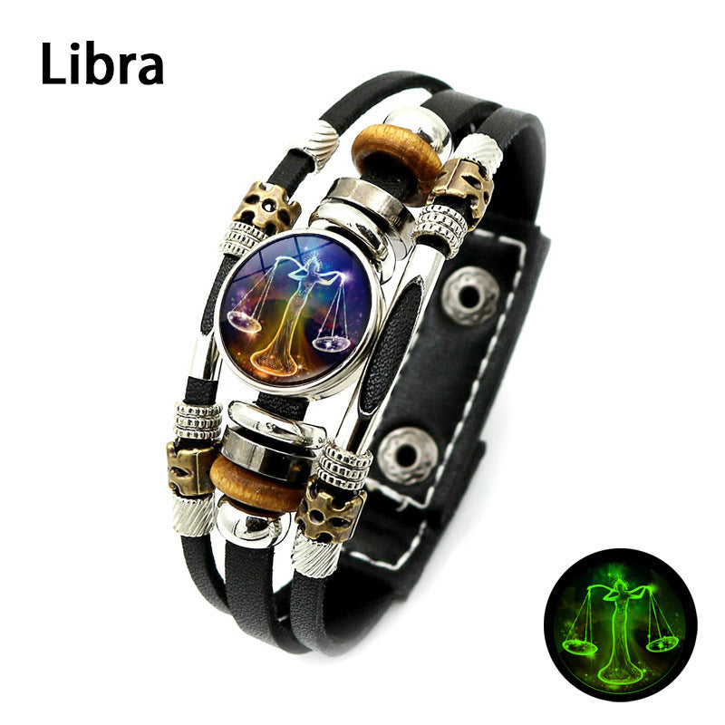 Glow‑in‑the‑dark Leather Zodiac Sign Bracelet