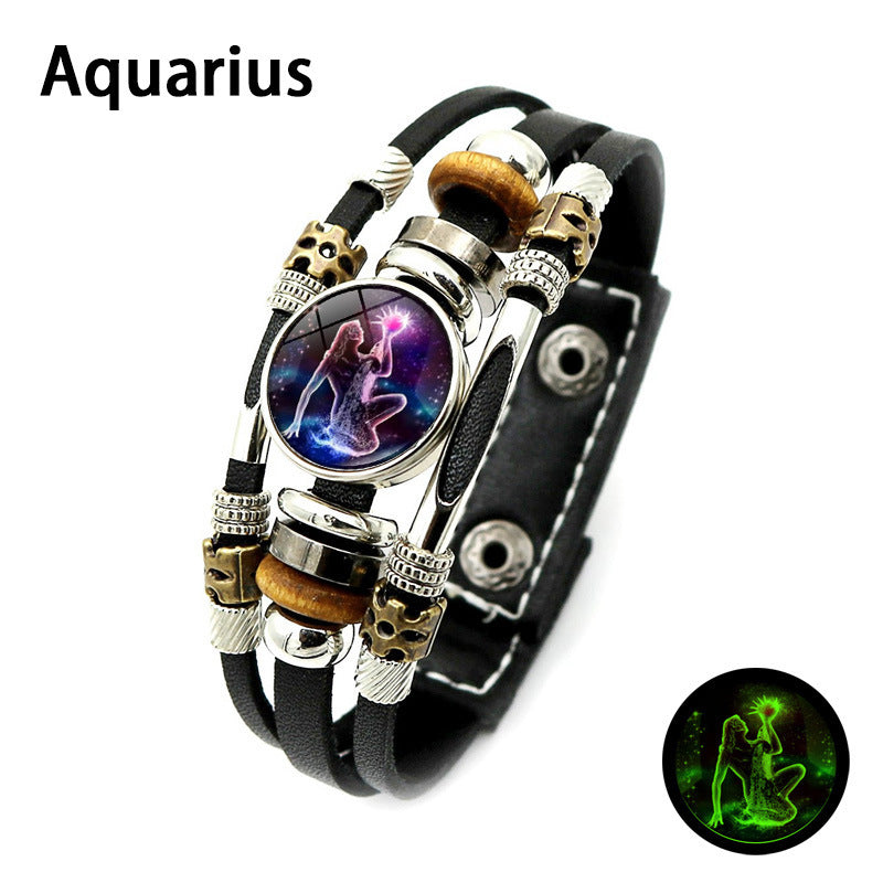 Glow‑in‑the‑dark Leather Zodiac Sign Bracelet