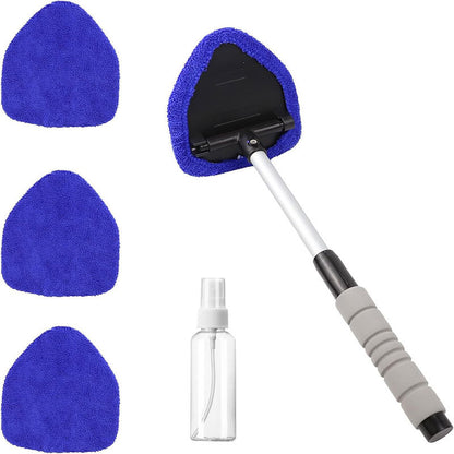Windshield Cleaning Tool, Microfiber Car Window Cleaner with 2 Reusable and Washable Microfiber Pads and Extendable Handle