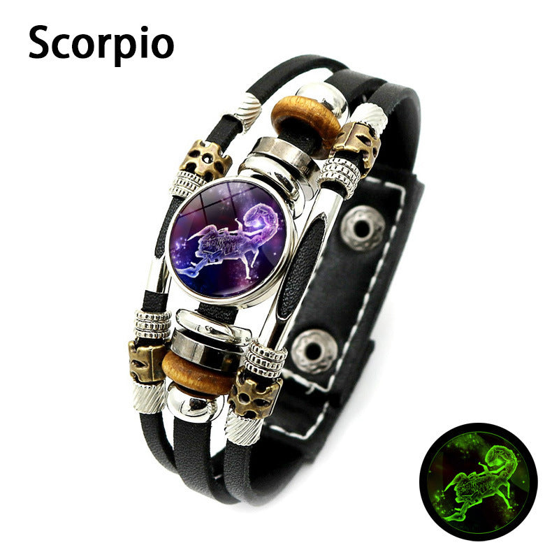 Glow‑in‑the‑dark Leather Zodiac Sign Bracelet