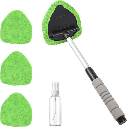 Windshield Cleaning Tool, Microfiber Car Window Cleaner with 2 Reusable and Washable Microfiber Pads and Extendable Handle