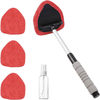Windshield Cleaning Tool, Microfiber Car Window Cleaner with 2 Reusable and Washable Microfiber Pads and Extendable Handle
