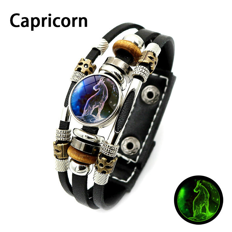 Glow‑in‑the‑dark Leather Zodiac Sign Bracelet