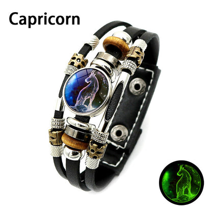 Glow‑in‑the‑dark Leather Zodiac Sign Bracelet