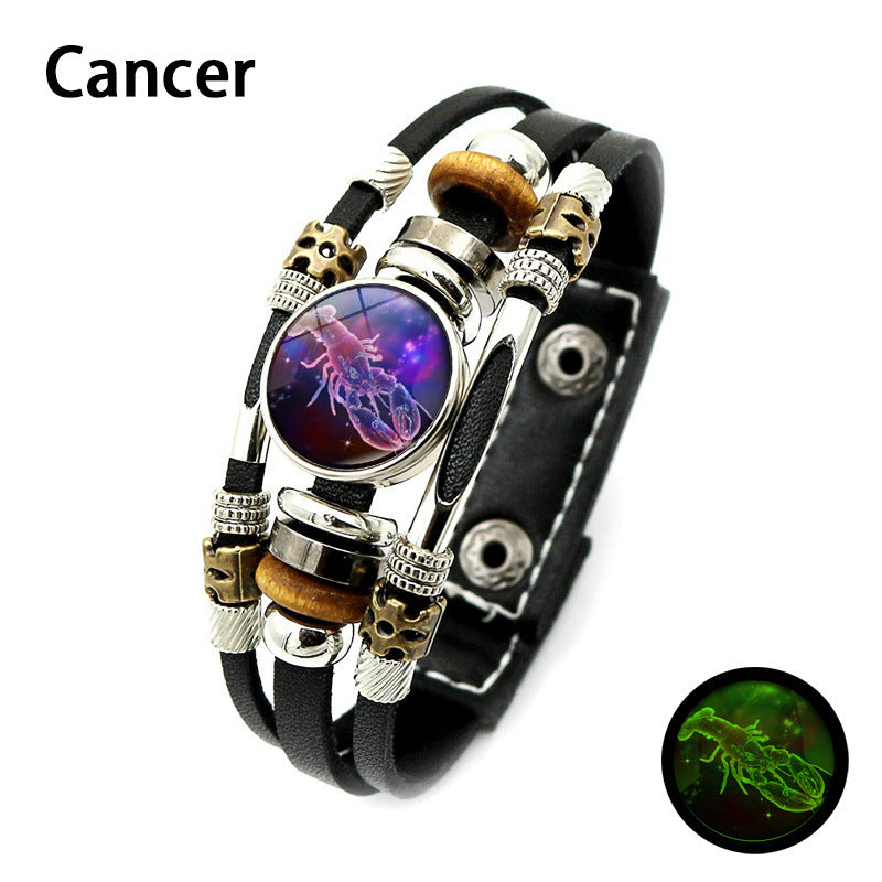 Glow‑in‑the‑dark Leather Zodiac Sign Bracelet