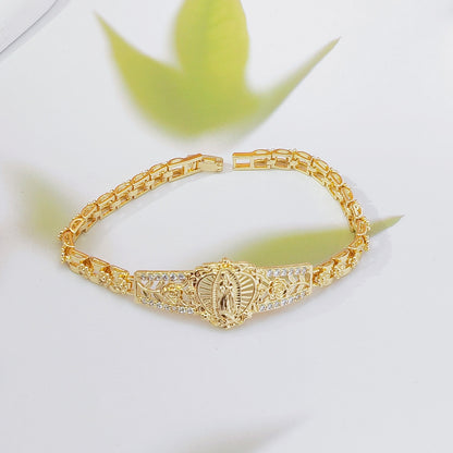 Elegant Hollow Flower Virgin Mary Bracelet – Filigree Design, Gold Plated, Faith Inspired