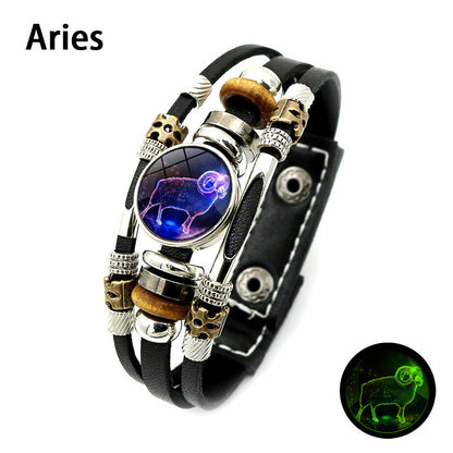 Glow‑in‑the‑dark Leather Zodiac Sign Bracelet