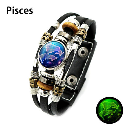 Glow‑in‑the‑dark Leather Zodiac Sign Bracelet