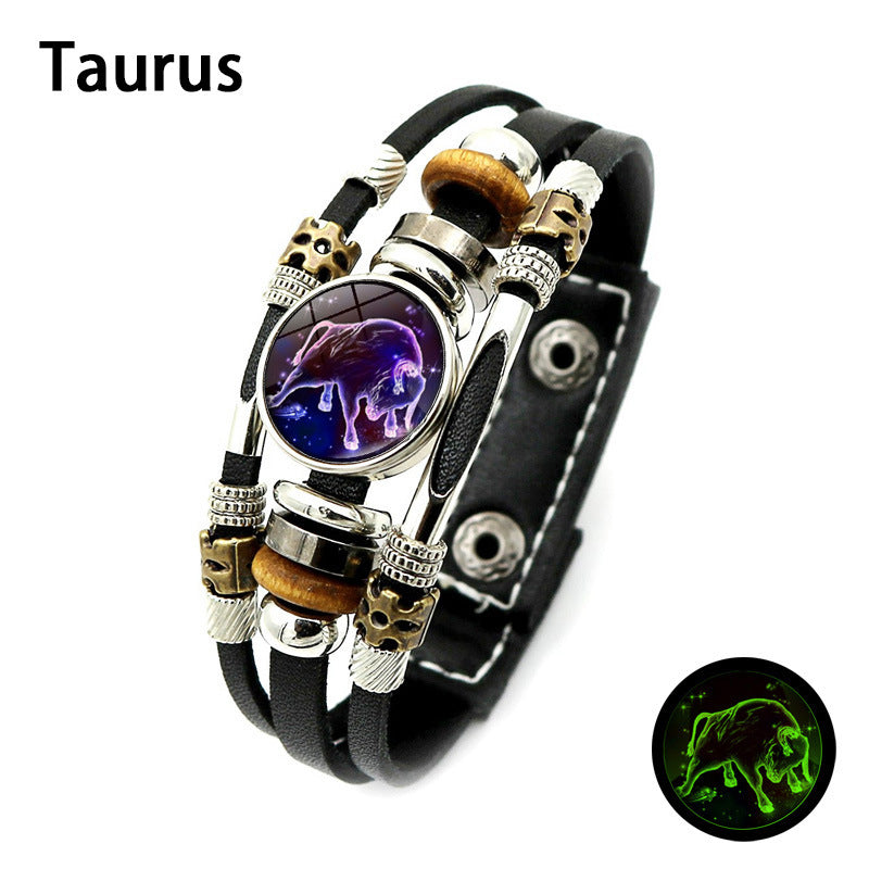Glow‑in‑the‑dark Leather Zodiac Sign Bracelet