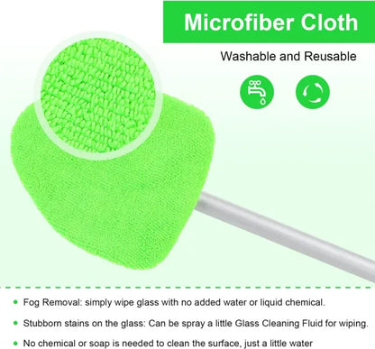 Windshield Cleaning Tool, Microfiber Car Window Cleaner with 2 Reusable and Washable Microfiber Pads and Extendable Handle