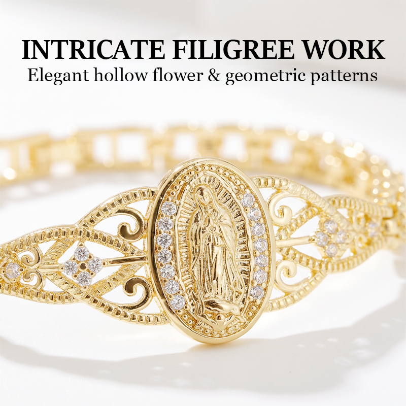 Elegant Hollow Flower Virgin Mary Bracelet – Filigree Design, Gold Plated, Faith Inspired