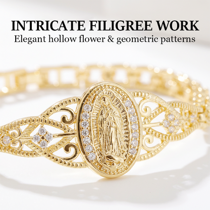 Elegant Hollow Flower Virgin Mary Bracelet – Filigree Design, Gold Plated, Faith Inspired