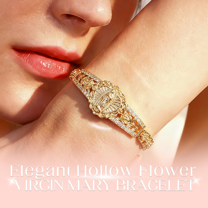 Elegant Hollow Flower Virgin Mary Bracelet – Filigree Design, Gold Plated, Faith Inspired