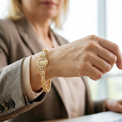 Elegant Hollow Flower Virgin Mary Bracelet – Filigree Design, Gold Plated, Faith Inspired